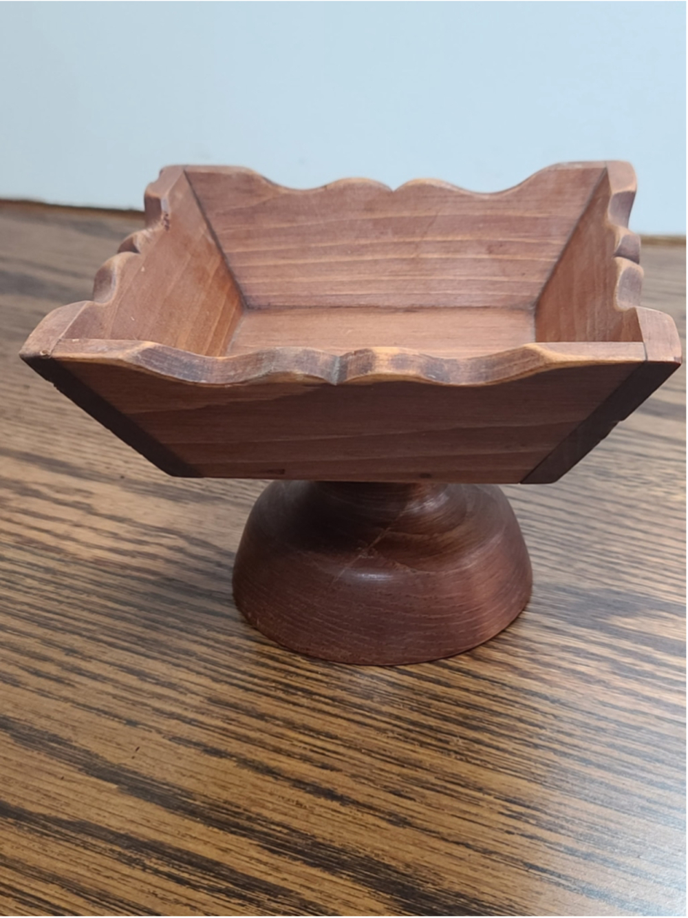 Vintage Steincraft Wooden Pedestal Bowl Scalloped Edge Square Wood Compote